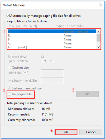 set no page file for the volume that will be deleted