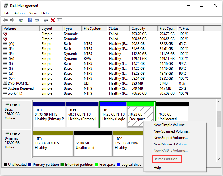 the volume as Free space in extended partition cannot be deleted