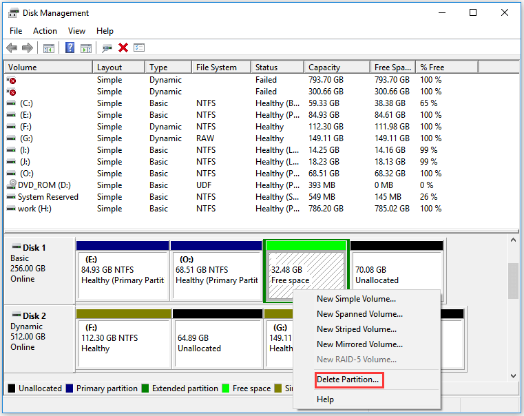 click Delete Partition to remove free space