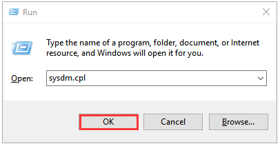 input sysdm.cpl in the pop-up window and click OK to open it