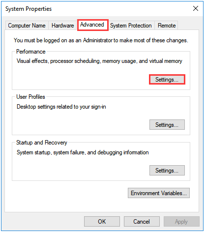 set the performance of system properties in the pop-up window