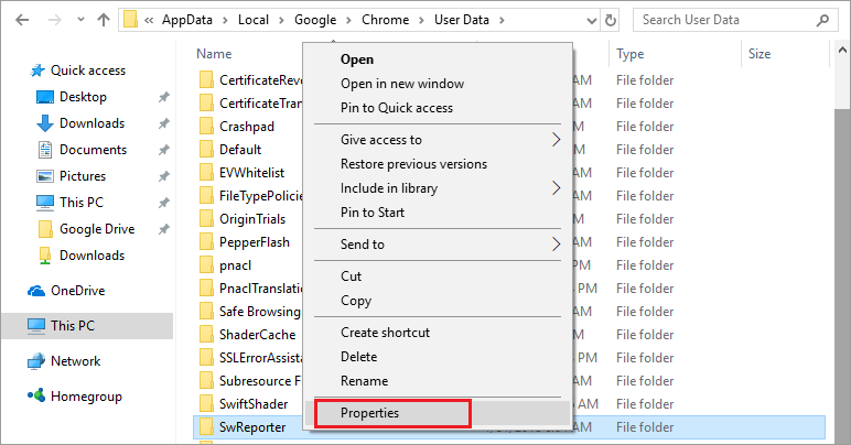 right click folder SwReporter and select Properties