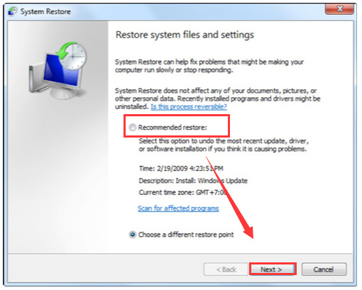 restore system files and setting to the most recent store point