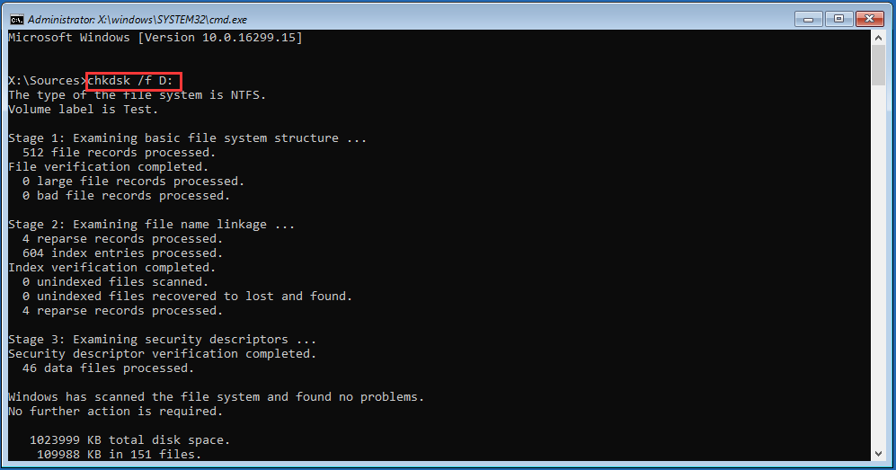 run chkdsk /f D: command