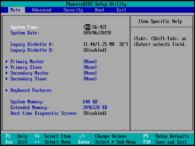 the BIOS settings window