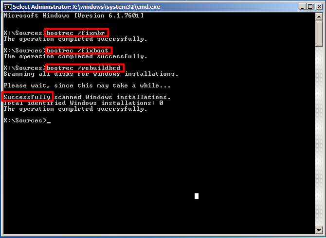 commands to fix BCD in Windows 7