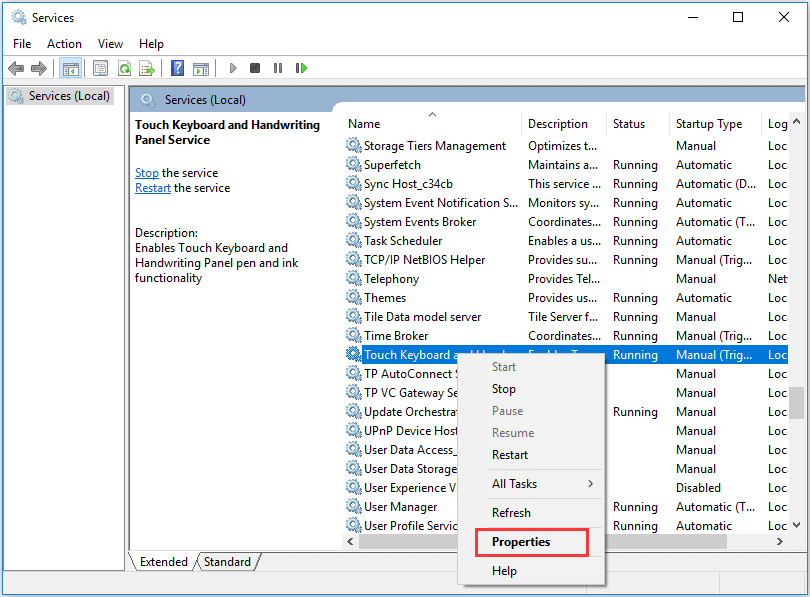 select the service and enter its Properties