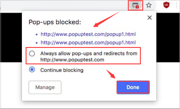 click Always Allow Pop-ups and Redirects