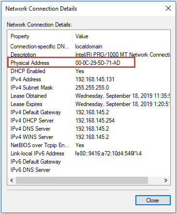 find MAC address in the Network Connection Details