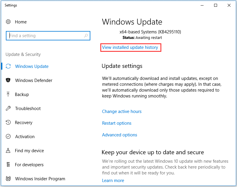 click on View installed update history