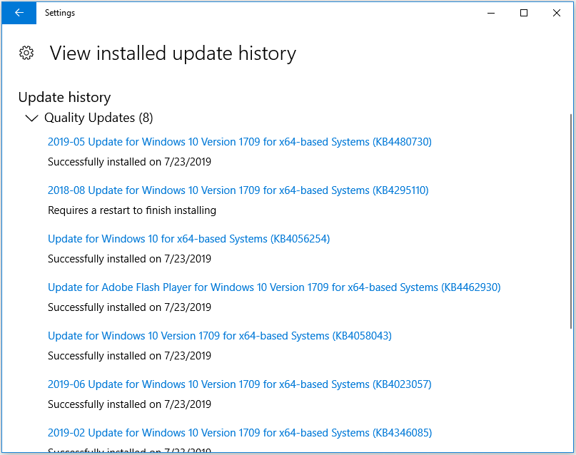 the Windows 10 installed updates history