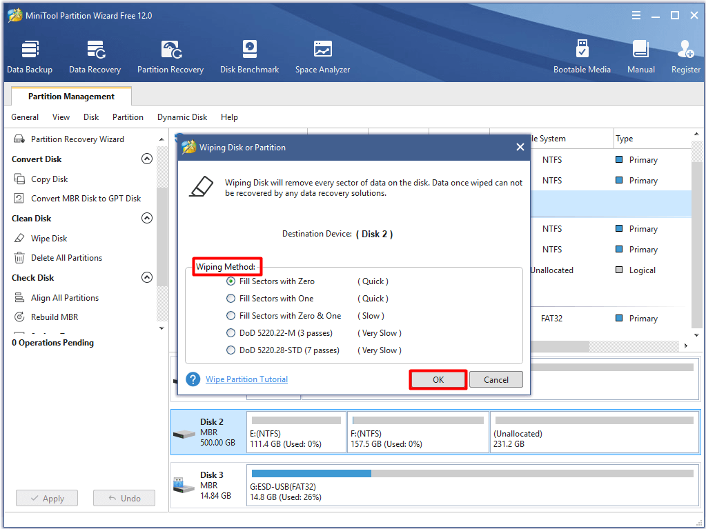 select a wiping method from the given methods