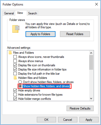Show hidden files, folders, and drives