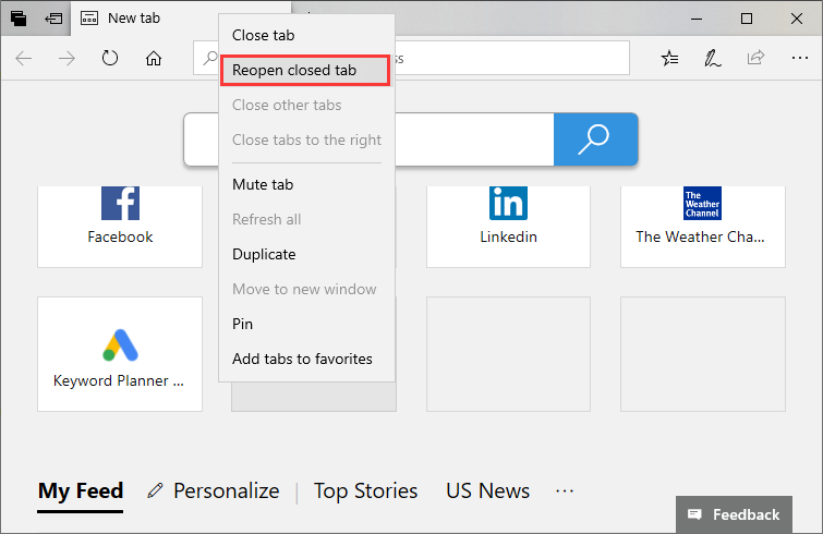 how to reopen closed tab in Microsoft Edge