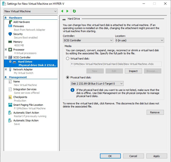 configuring pass-through disk in Hyper-V Manager