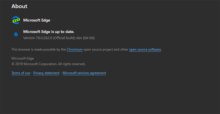 Chromium Edge Dev Build 78.0.262.0