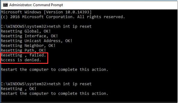 “netsh int ip reset” Failed