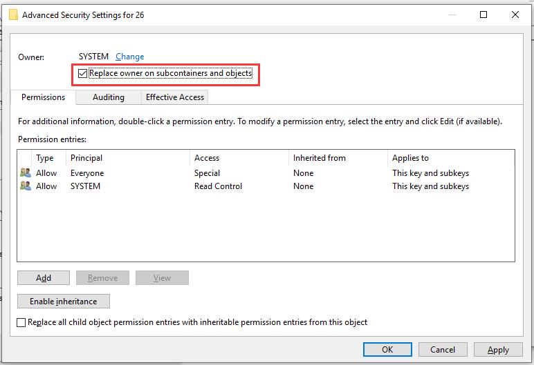 check the box “Replace owner on subcontainers and objects”