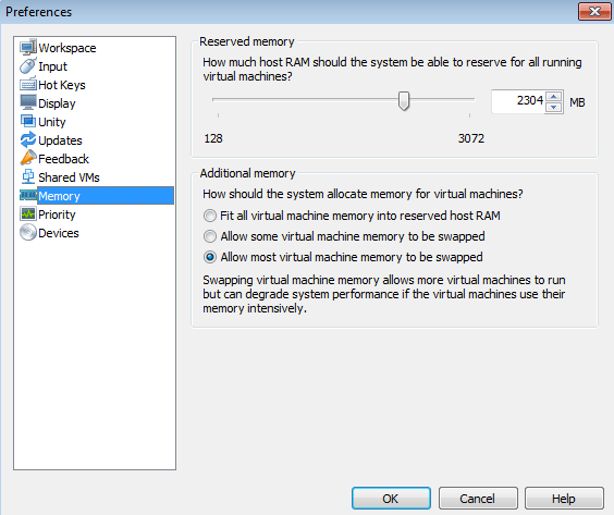 adjust VMware memory settings