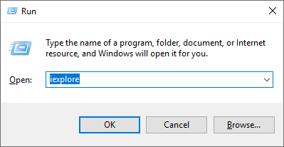 type iexplore in the Run box and hit Enter