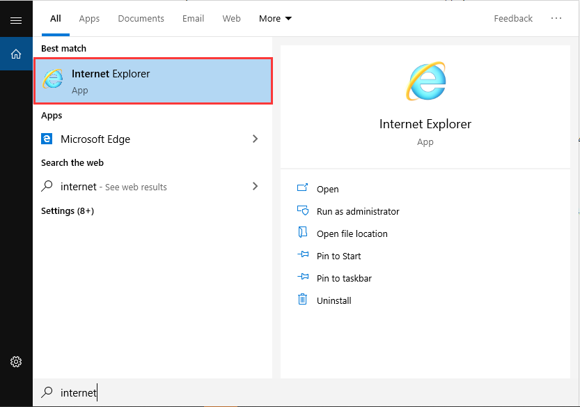 click the best match Internet Explorer
