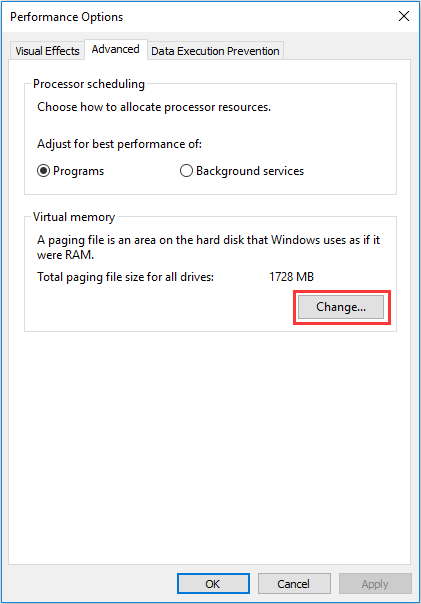 change virtual memory in Performance Options window