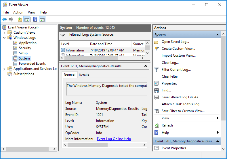 find the result of memory diagnosis in Event Viewer