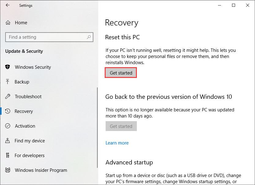 Reset this PC