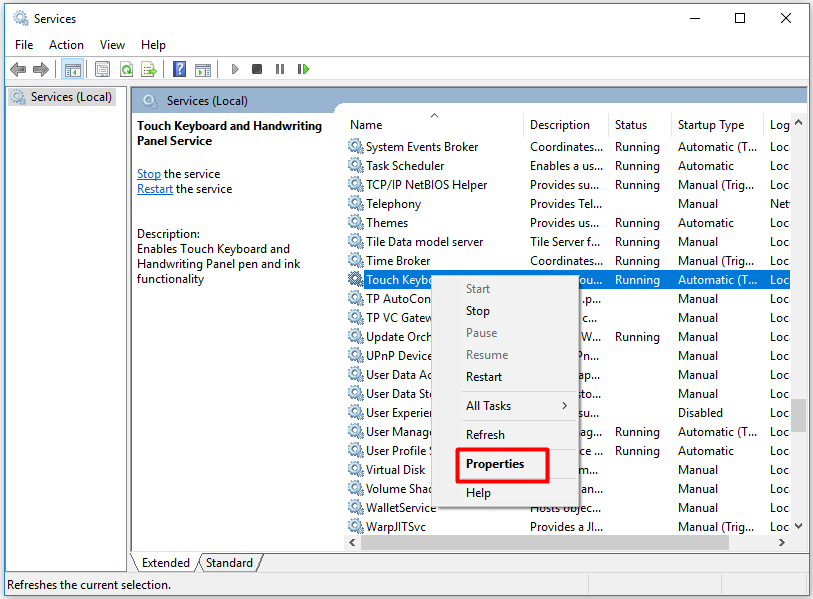 find the touch keyboard and handwriting panel service option