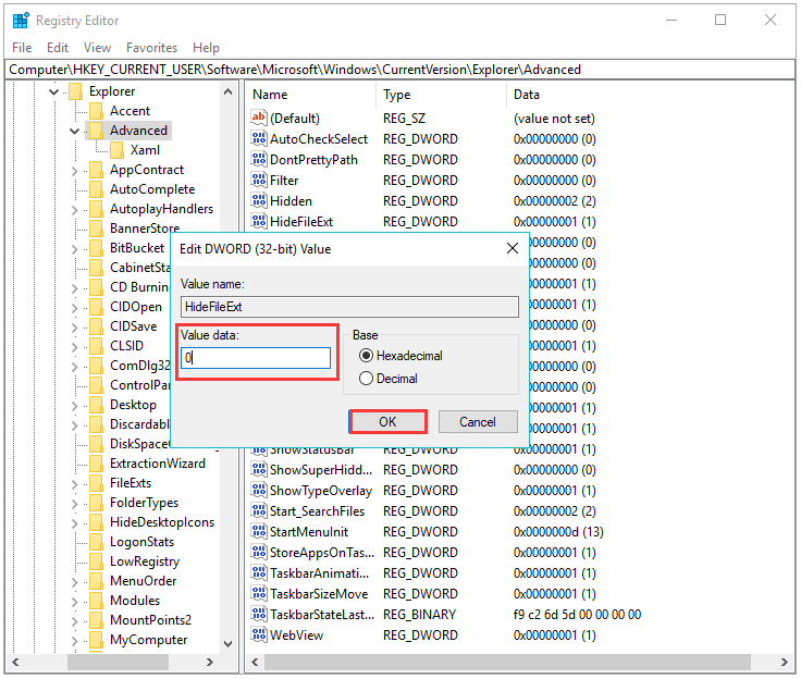 find the HideFileExt DWORD entry and set its value as 0