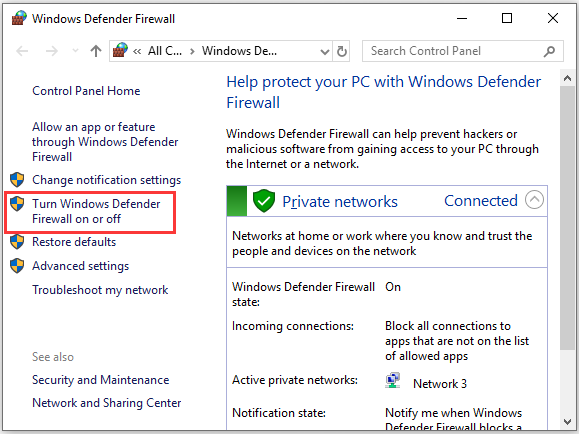 select Turn Windows Firewall on or off
