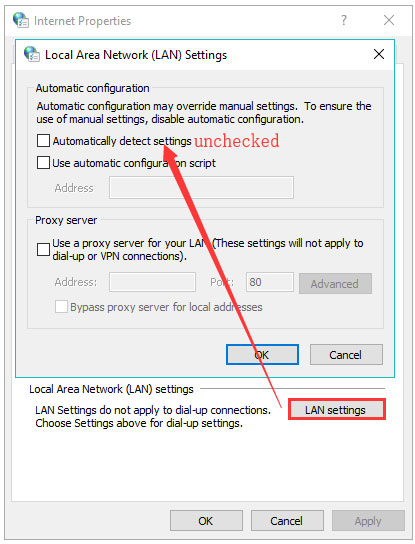 uncheck Automatically detect settings