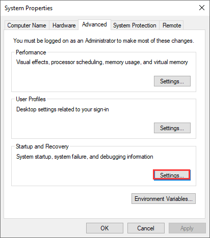 click settings under startup and recovery