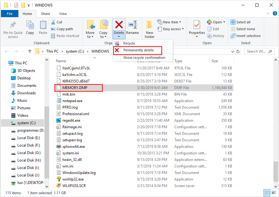 delete MEMORY.DMP permanently