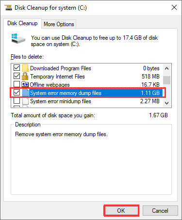 check system error memory dump files and click OK