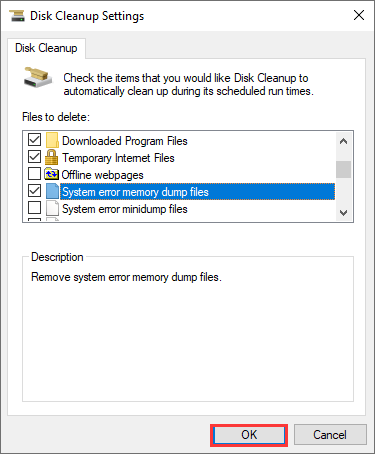 check system error memory dump files and click OK