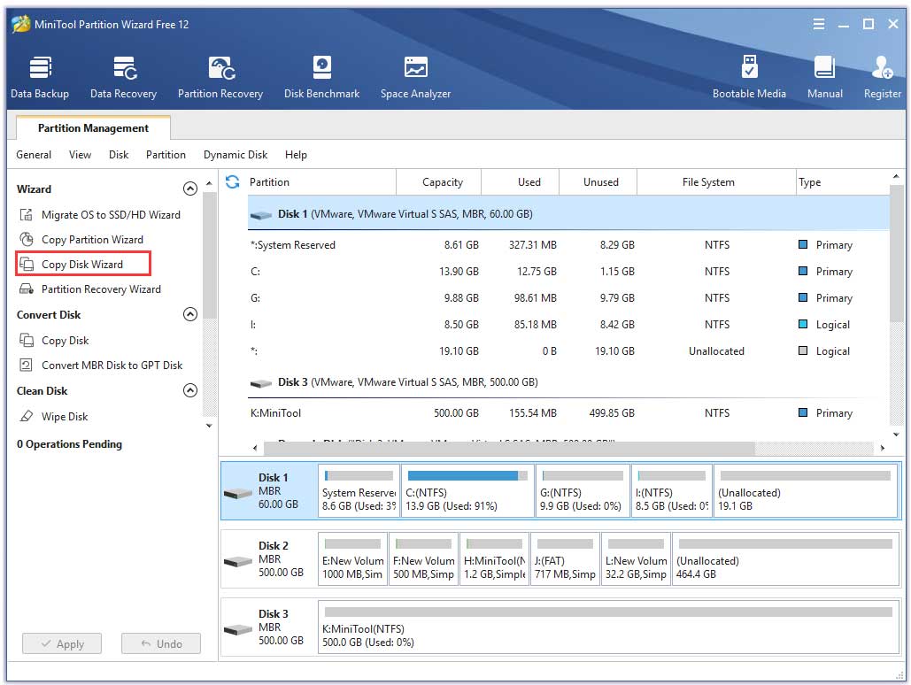 click on copy disk wizard on the left pane