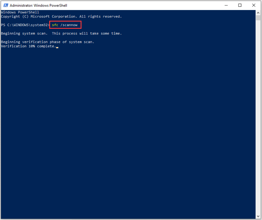 run sfc /scannow command in Windows Powershell