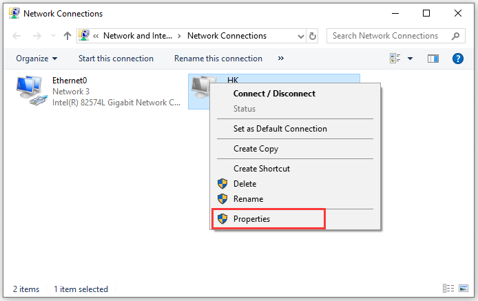select the properties of the VPN connection