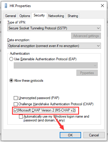  Check the “Microsoft-CHAP Version 2” option