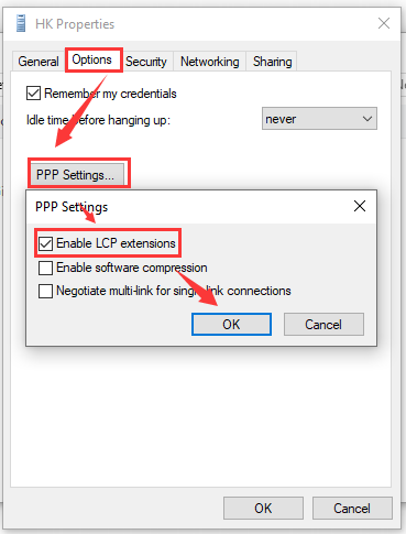 check the Enable LCP Extensions box in PPP settings