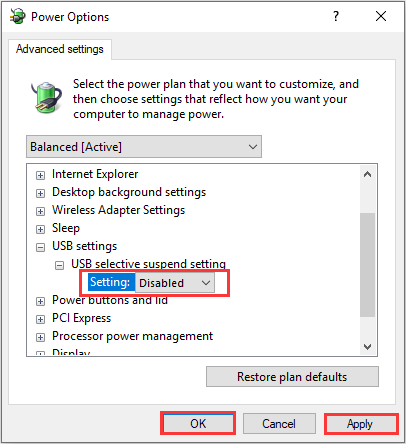 set USB selective suspend setting as Disabled