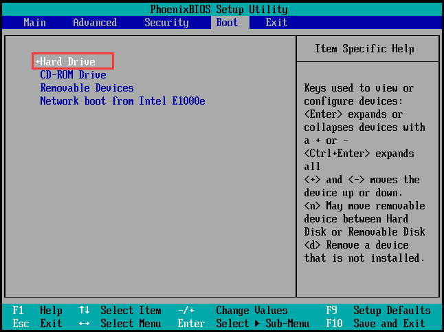 set the hard drive as the boot device