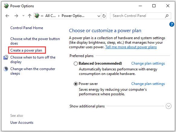 Click on Create a power plan