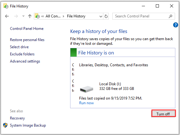 disable the File History