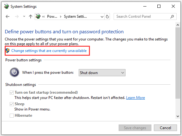 click on the Change settings that are currently unavailable