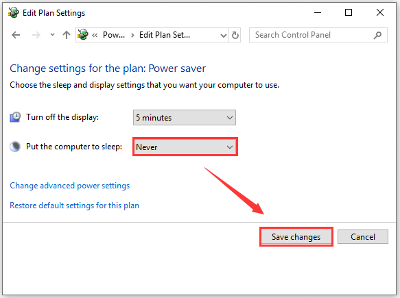  set the Put the computer to sleep to Never