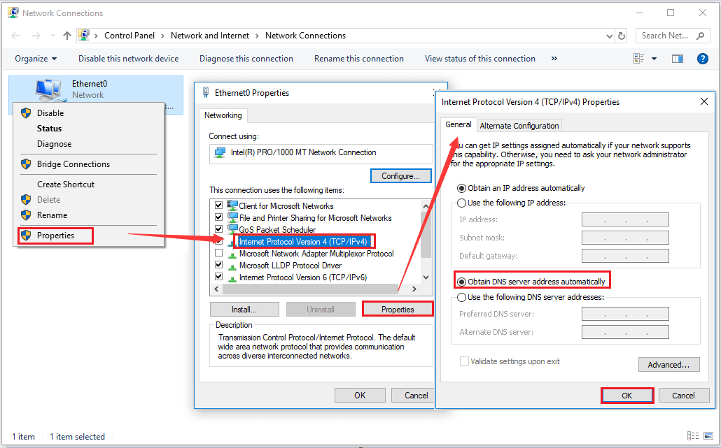 enable Obtain DNS server address automatically
