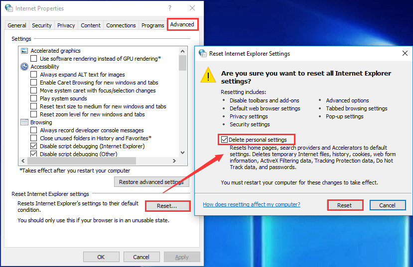 perform Internet Explorer settings reset