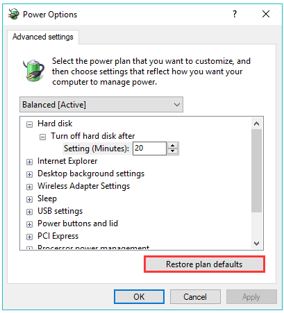 click the Restore plan defaults button